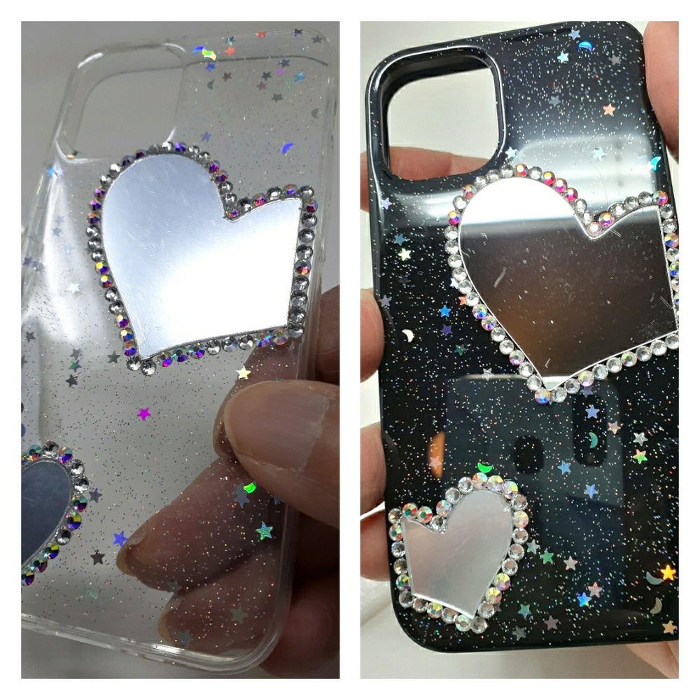 Transparent Sequin Heart Mirror Design Phone Case - Picture 1 of 14